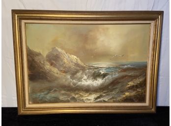 Oil On Canvas Of A Seascape With Gulls By Engle