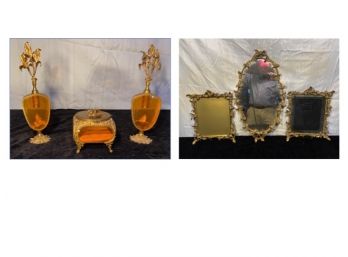 24 Karat Gold Plated Vanity Set With Two Perfume Bottles, Jewelry Box, Mirror Tray And Two Picture Frames
