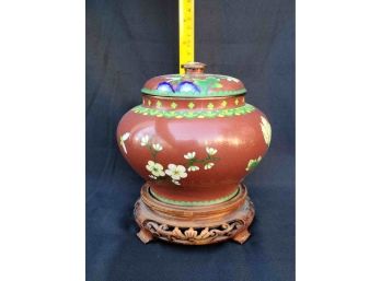 Vintage Cloisonne Brass Enamel Lidded Floral Urn Vase W Wooden Base