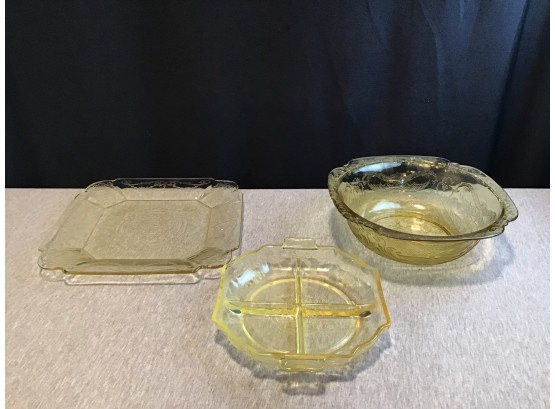 Lot Of 3 Yellow Vaseline Glass Dishes