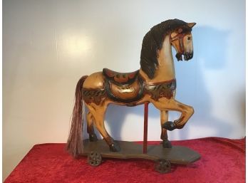 Antique Carved Wood Horse On Wheels