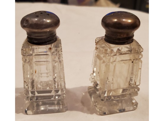 Pair Of Vintage Crystal Salt & Pepper Shakers With Sterling Silver Caps