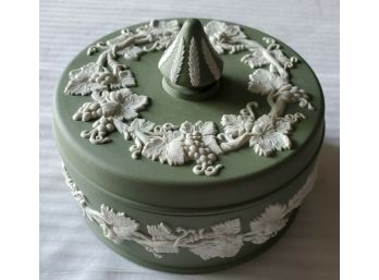 Wedgwood Sage Green Jasperware - Large Round Box With Lid & Crown Finial - For Trinkets, Jewelry, Candies