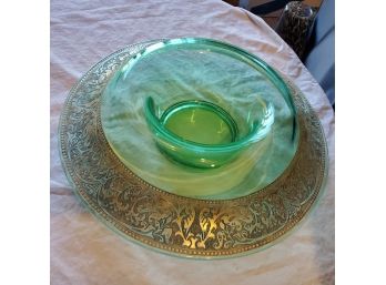 Antique, Rare Form, Depression Green Glass Fancy Gold Gilt Border Serving Bowl -sauce Or Dressings 13'diameter