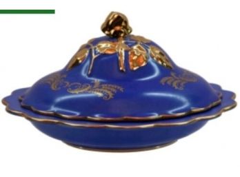 Vintage Osmanli Porselin Pilavlik Ottoman High Dome Sultan Server- Rice Pilaf Dish- Striking Blue & Gold Gilt
