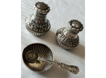 Antique Sterling Silver Repousse Decorated Salt & Pepper Shakers & Open Salt Bowl With Spoon