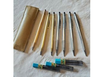 Seven CROSS PENS: 4 Pens And 3 Mechanical Pencils. Plus: 3 Pentel Spare Lead Refill Containers; 1 Cross Pouch