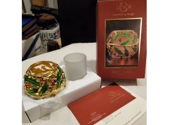 LENOX Holiday Gold Votive With Holly Leaves & Berries - Frosted Glass Votive Candle Holder - New In Box