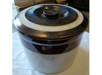 Antique Brown & White Stoneware Crock - 1 1/2 Gallon With Its Original Striped Lid 8' Tall