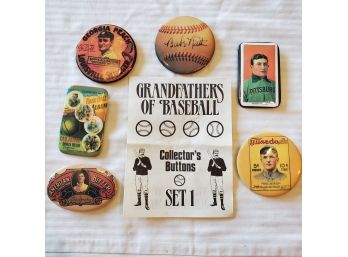 6 Grandfather Of Baseball Collector's Buttons / Pins: Babe Ruth, Ty Cobb, Honus Wagner, Tris Speaker,Mathewson