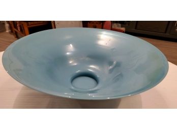 LARGE OPALESCENT TIFFANY BLUE CENTERPIECE BOWL. FOOTED BASE 13 5/8' W X 4 7/8' H