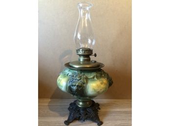 Antique Bradley & Hubbard 4 Lion Head Kerosene / Oil Lamp Painted Glass Shade
