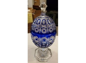Brilliant Cobalt Blue Color- Hungarian Magda Nemeth Of Ajka Crystal -cut-to-clear Crystal Footed Bowl & Lid