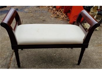 Vintage Bench - Settee, Mahogany Wood Finish And Older Cushion. Has Medallions On The Tops Of The Ends