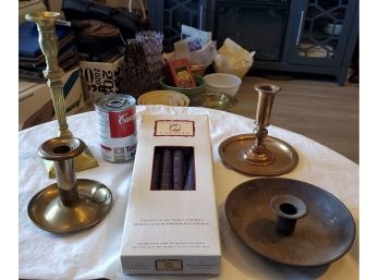 4 Antique Bronze & Brass Candlestick Holders Lot With A Box Of New Taper Amscan Candles
