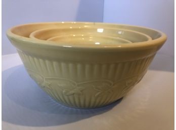 Beautiful Yellow Ware Nesting Bowls With Leafed Pattern