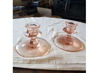 Antique Pink Glass Candlestick Holders