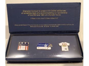 Champion Products '94 & '96 Olympics Collectible Lapel Pin Set Of 3 - 'USA, Lillehammer '94, Champion USA'