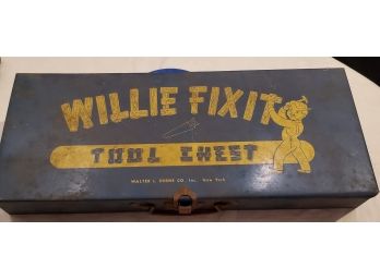 Vintage Willie Fixit Tool Chest - Metal Tool Box, Willie Fixit Saw & Wood Ruler, With A Small Bag Of Old Nails