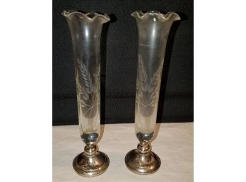 Two WEB Sterling Silver Base Bud Vases With Etched Floral Design