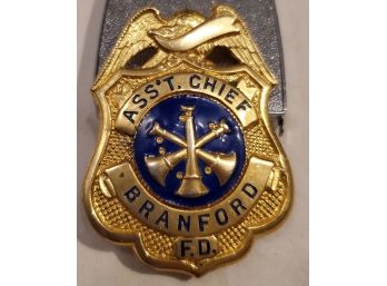 Ass't Chief Brass Hat Badge From The Town Of Branford Fire Dept., Connecticut Eagle And Crossed Hose Nozzles