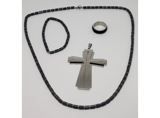 Brown Plated Hematite Men's  Stretch Bracelet, Band Ring & Cross Pendant With Matching Necklace In Stainless