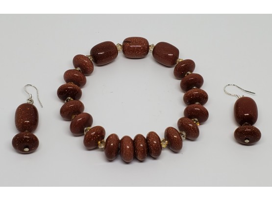 Goldstone Stretch Bracelet & Sterling Silver Earrings Made With Swarovski Crystals