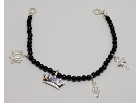 Natural Thai Black Spinel Beaded Bracelet With Charms In Sterling Silver