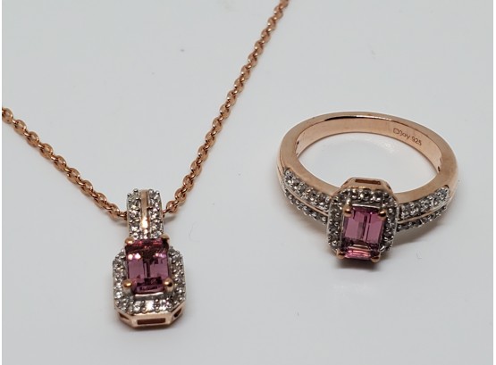 Pink Tourmaline, Zircon Ring & Pendant Necklace In Rose Gold Over Sterling.