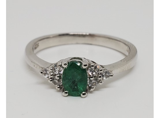 Zambian Emerald, Zircon Ring In Platinum Over Sterling