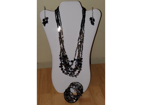 Black Shell, Seed Bead Earrings, Wrap Around Bracelet & Multi Strand Necklace