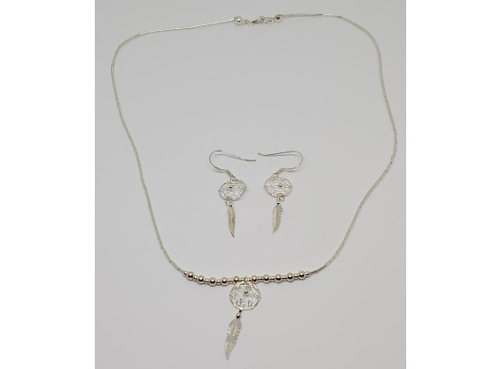 Sterling Silver Dream Catcher Necklace & Matching Earrings