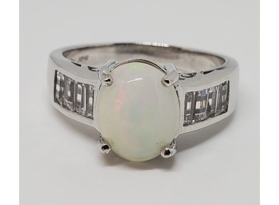 Beautiful Ethiopian Opal, White Zircon Ring In Platinum Over Sterling