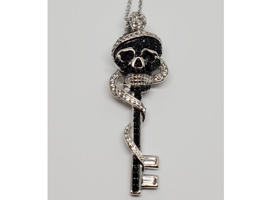 White Zircon, Natural Black Spinel Skull, Snake & Key Pendant In Sterling