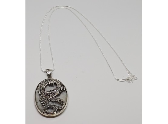 Bali Sterling Silver Dragon, Mother Of Pearl Pendant Necklace