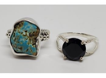 Rough Cut South Hill Turquoise  & Black Spinel Rings In Sterling