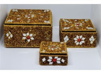 Set Of 3 Handcrafted Gold Embelished Nesting Trinket Boxes