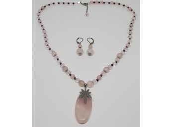 Rose Quartz Hematite Earrings & Necklace In Stainless