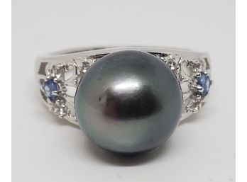 Tahitian Cultured Pearl, Multi Gemstone Ring In Platinum Over Sterling