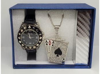 Poker Lovers Gift Set - Strada Watch, Crystal Pendant Necklace & Silver Coated Playing Cards