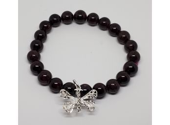 Mozambique Garnet Beads Stretch Bracelet With Sterling Butterfly Charm
