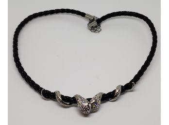 Wrap Around Snake Necklace On Black Faux Leather & Clear Crystals