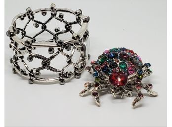 Multi Color Austrian Crystal, Faux Multi Gemstone Cuff Bracelet With Removable Spider Broach Or Pendant