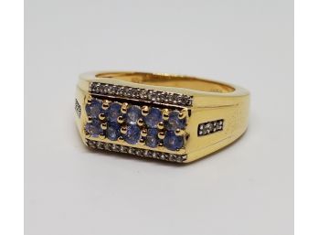 Burmese Blue Sapphire, Zircon Men's Ring In Yellow Gold Over Sterling