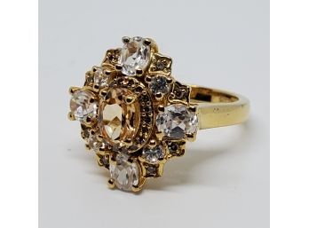 Imperial Garnet, Zircon, Diamond Ring In Yellow Gold Over Sterling