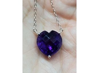 African Amethyst, Rhodium Over Sterling Heart Shape Necklace