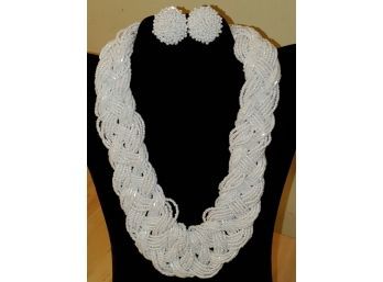 White Seed Bead Earrings & Braided Necklace In Silver Tone