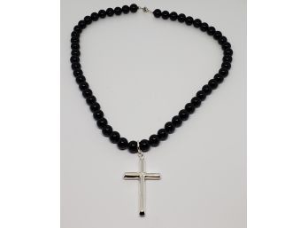 Black Onyx Bead Necklace With Sterling Cross