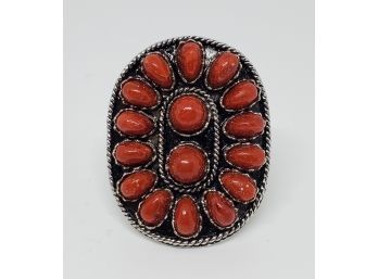 Southwest Style Red Sponge Coral Rhodium Over Sterling Cluster Ring