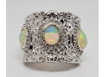Ethiopian Welo Opal, Zircon Ring In Platinum Over Sterling